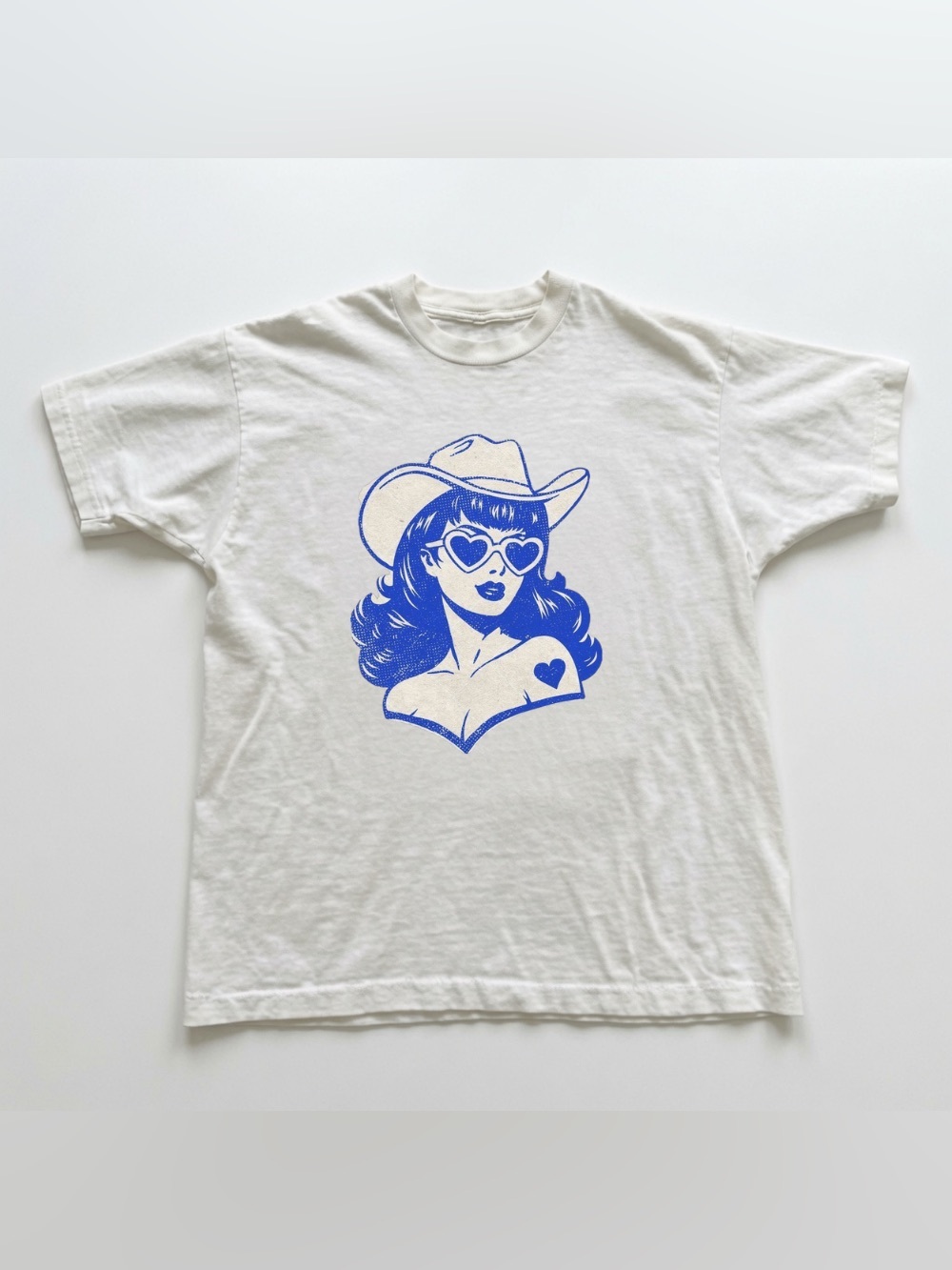 Cowgirl Era Pinup Girl Heart Glasses White Western Country Graphic T-Shirt